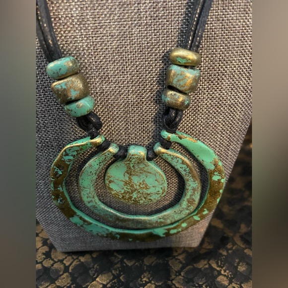 Artisan Green and Gold Statement Necklace - Picture 3 of 6